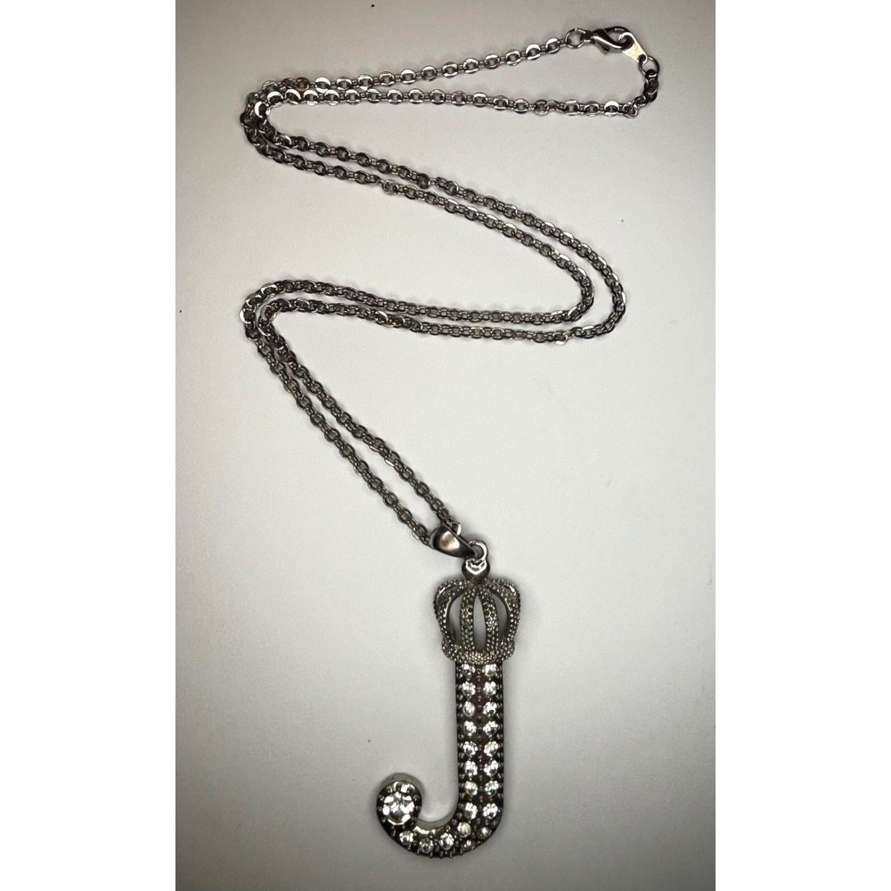 Rheinstone Initial J Y2K Crown Pendant Necklace Clear Crystal Pavé 24" Chain